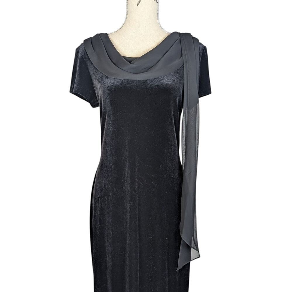 90s Vintage Velvet Short Sleeve Midi Formal Dress Gown With Chiffon Scarf Black